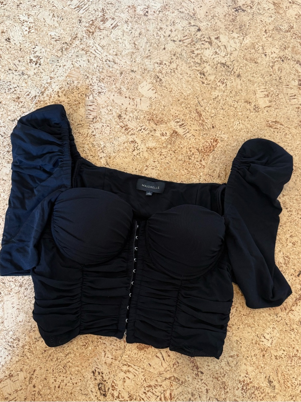 MAJORELLE Black Ruched Bustier Crop Top with Puff Sleeves